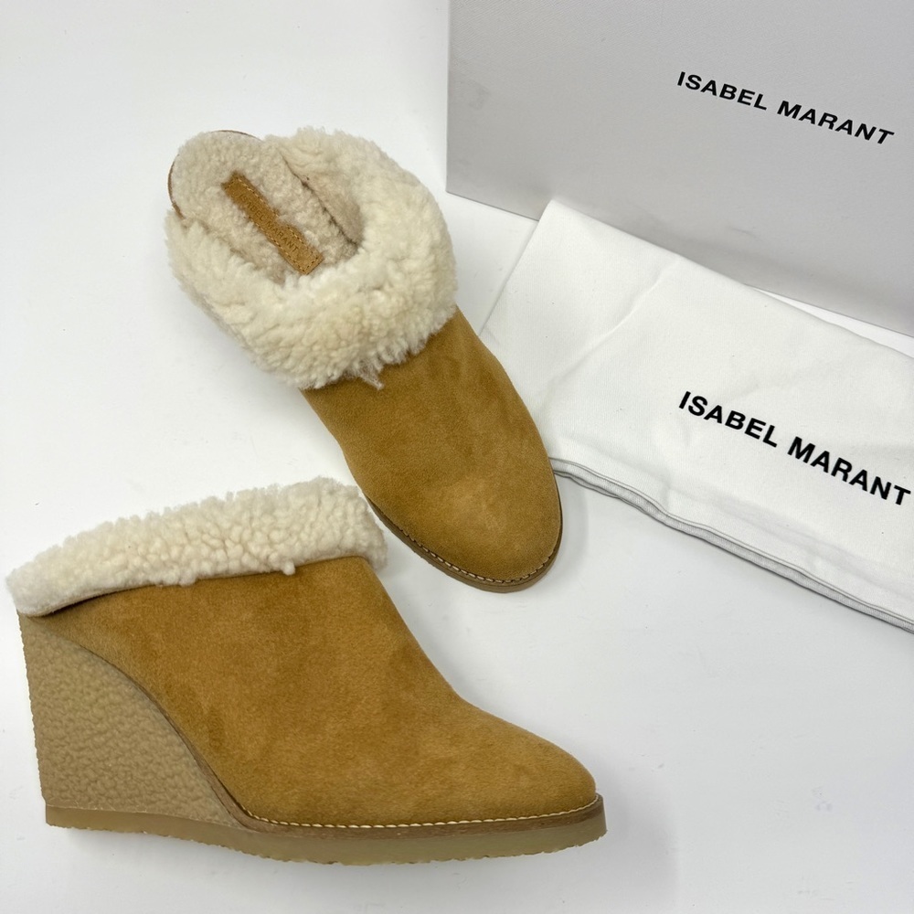 Isabel Marant's Tan Suede Leather Sherling 'Takita' Slip On Mule Wedges